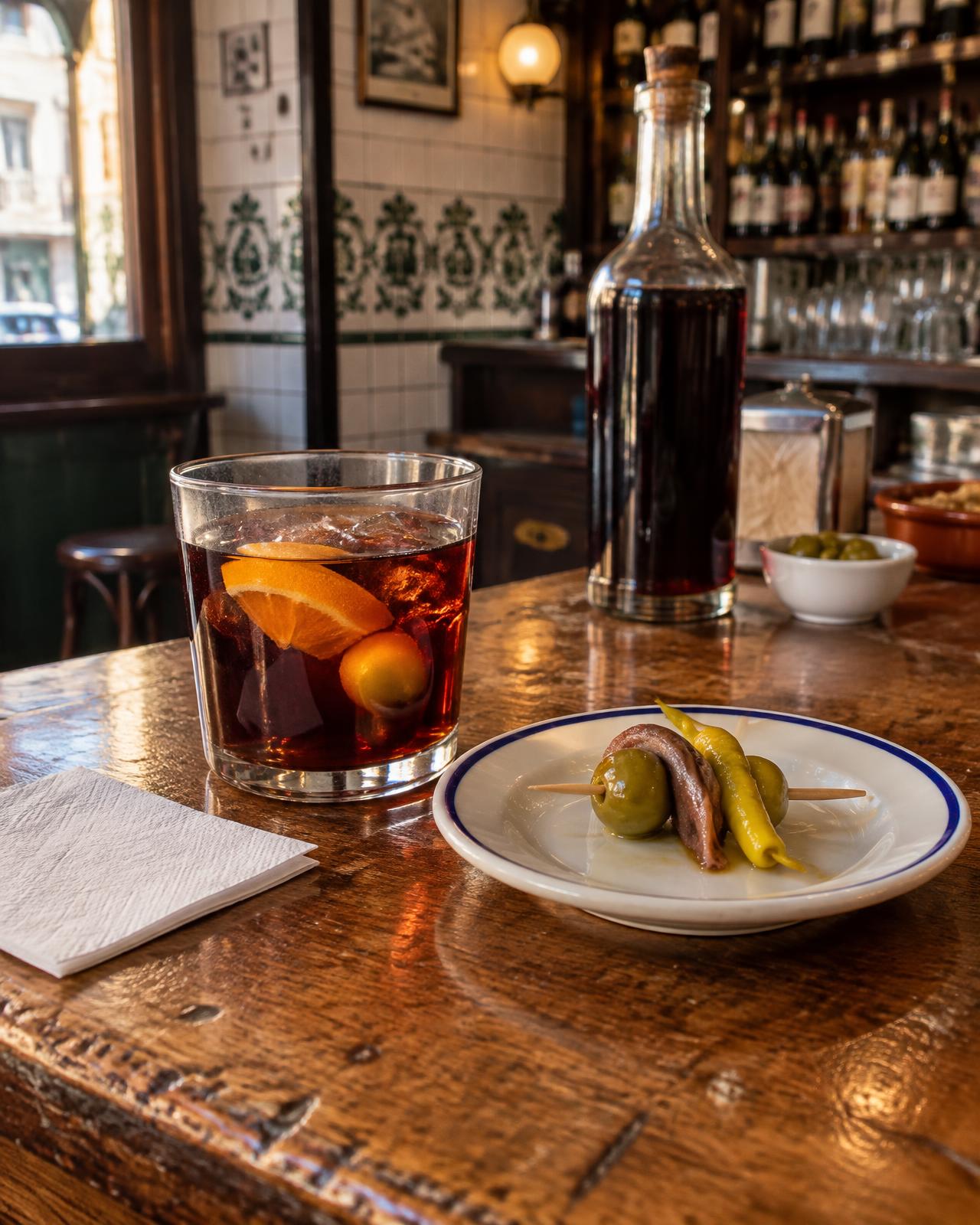 Vermut og en gilda på en træbar i en taberna med kakler i baggrunden